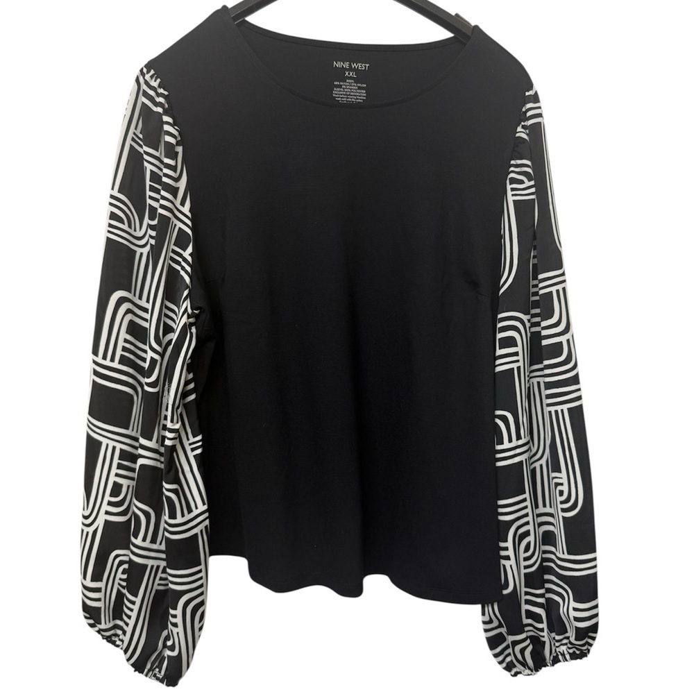 NWT Nine West Black & White Blouse Puff Sleeve Mineral Black Womens Size XXL NEW